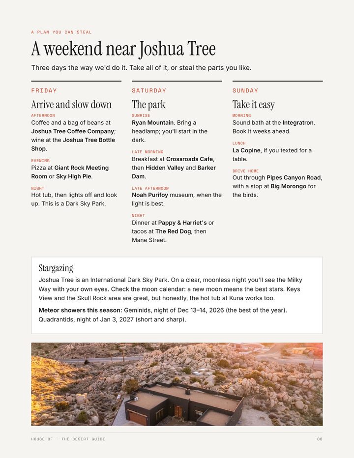 Guide page: a three-day weekend plan near Joshua Tree, with a stargazing box